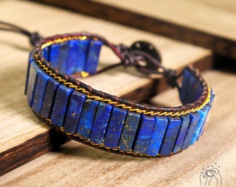 Lapis Lazuli Stone Bracelet - Natural Blue Lapis Tube Stone Braided Bracelet Gemstone Healing Bracelet Boho Style Gift for her, gift for him