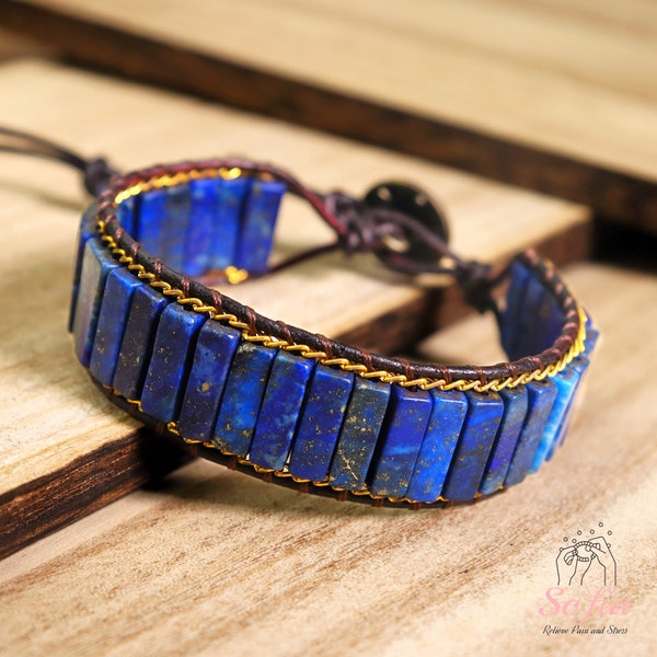 Bracelet en pierre de lapis-lazuli - Bracelet tressé en tube de lapis bleu naturel, bracelet de guérison avec pierres précieuses, cadeau pour elle, cadeau pour lui