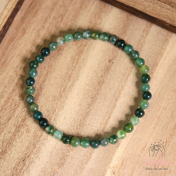 Bracelet en agate mousse naturelle de 4 mm - Bracelet délicat en cristal vert délicat - Bracelet de guérison en pierres précieuses d'agate, cadeau pour elle, cadeau pour lui