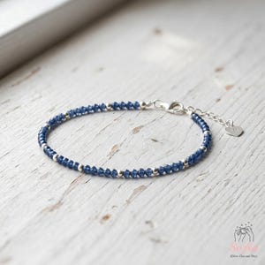 Sapphire Bracelet, Dainty Waterproof Beaded Bracelets, Birthstone Jewelry, Minimalist Jewel, Silver Clasp, Stackable