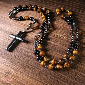 Natural Obsidian Tiger's Eye Rosary Necklace - Hematite Stone Cross Pendant Necklace Protection Necklace Amulet Gift for her, gift for him