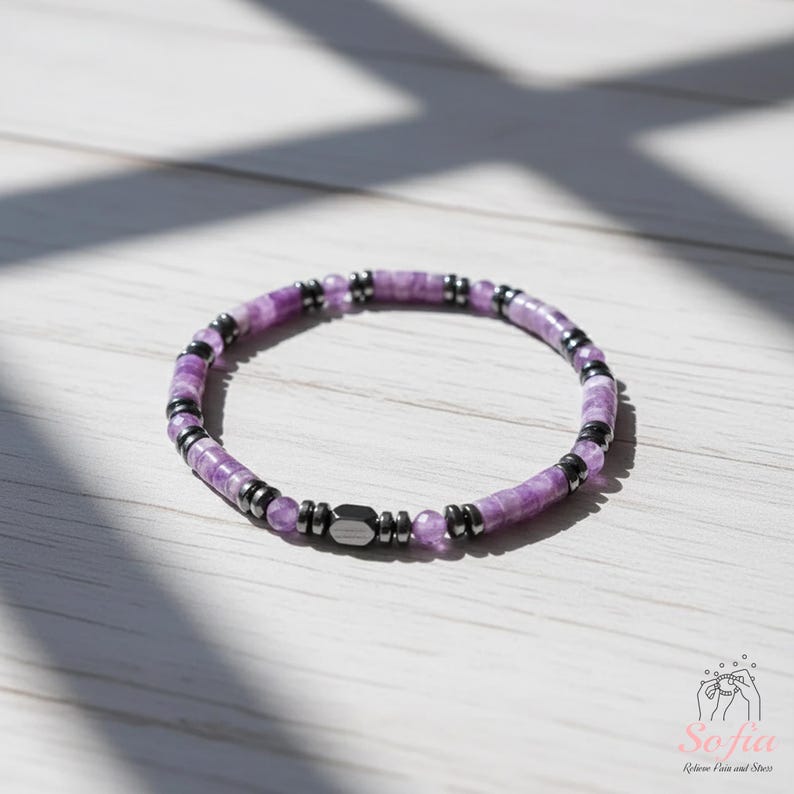 Healing Bracelet Amethyst Stone Bracelet - Natural Hematite Chevron Amethyst Bracelets - Spiritual Healing Crystal Jewelry image 1