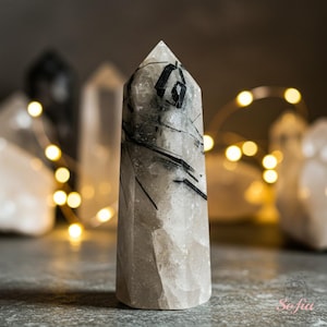 Tourmaline Quartz Stone Tower - Black Rutilated Quartz Single Point Crystal Wand - Healing Crystal Obelisk Home Decoration Mineral Specimen