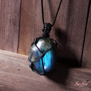 Natural Labradorite Stone Pendant - Blue Labradorite Crystal Wrap Necklace - Labradorite Charm Necklace Amulet Gift for her, gift for him