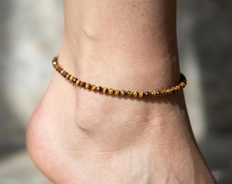 Tiger Eye Beaded Anklet - 2mm Brown Yellow Faceted Crystal Dainty Anklet Tiger's Eye Anklet Bracelet Waterproof Healing Anklet Gift for her