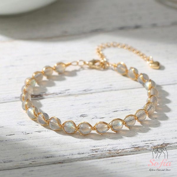 Bracciale con filo avvolto in pietra di luna / Braccialetti con filo riempiti in oro 14K / Perline da 6 mm, gioielli in stile boho