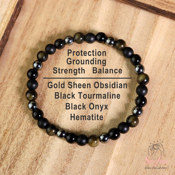 Protection Bracelet - 6mm Black Tourmaline Onyx Gold Obsidian Hematite Stone Bracelet - Healing Crystal Bracelet Gift for her, gift for him