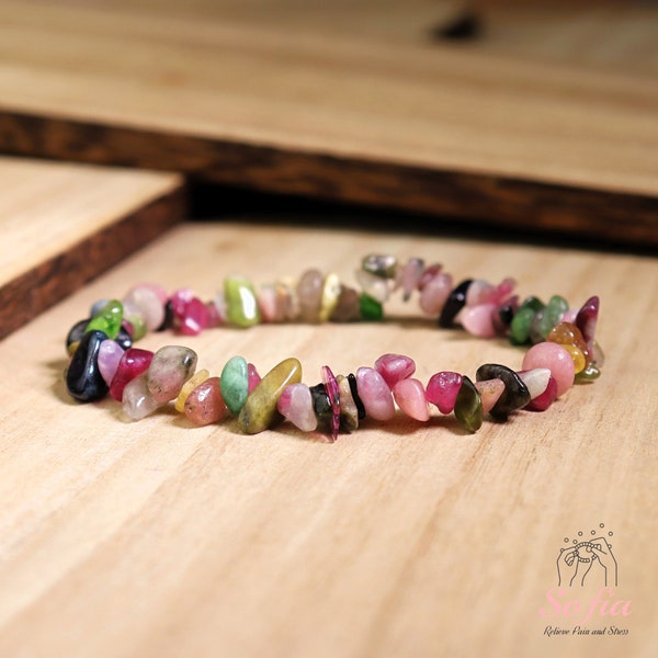 Natural Rainbow Tourmaline Crystal Chip Bracelet - Healing Gemstone Elastic Bracelet - Chip Stone Beads Bracelet Gift to her, gift to him