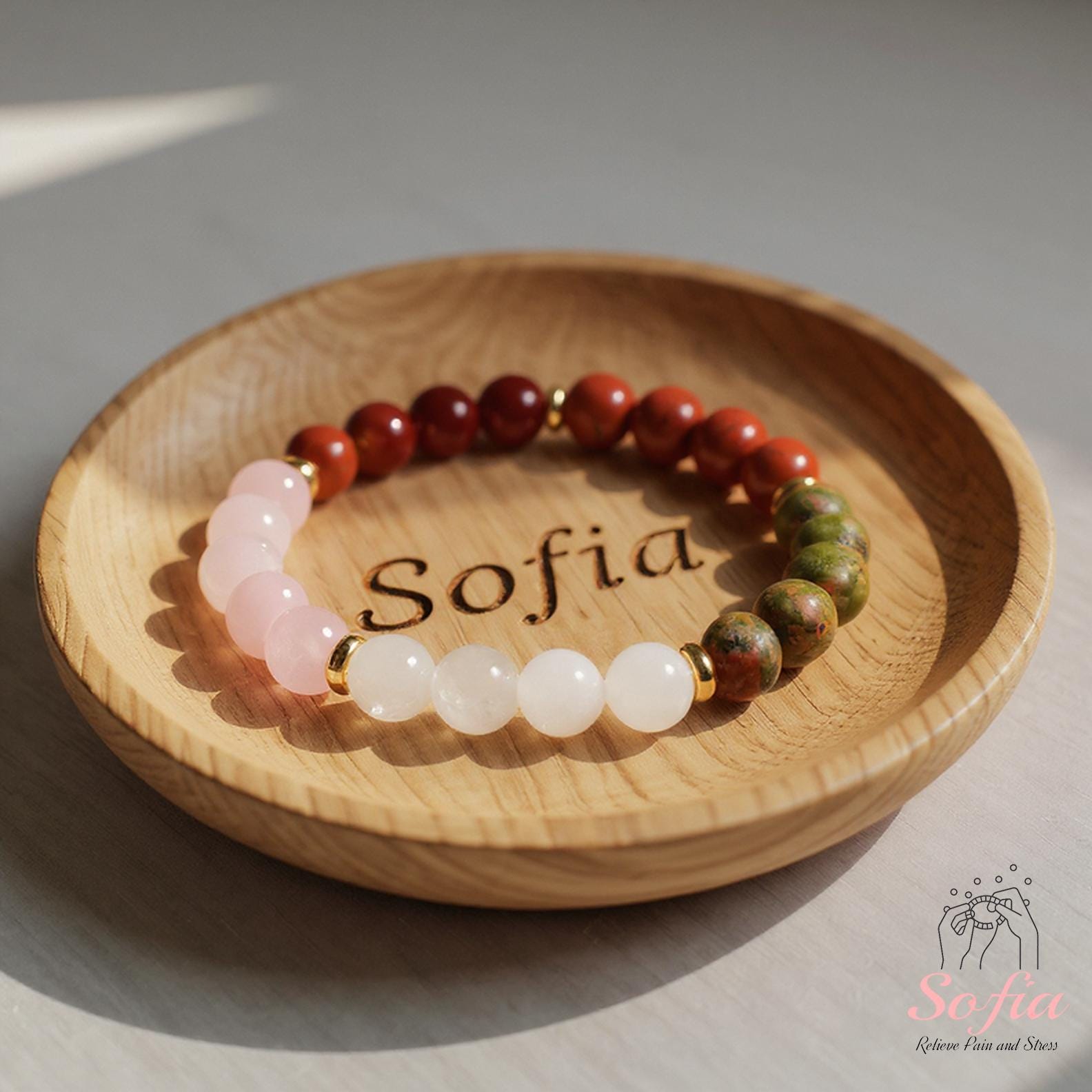 Love Healing Bracelet - 8mm Moonstone Rose Quartz Unakite Red