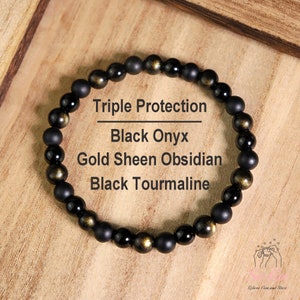 Triple Protection Bracelet - 6mm Black Tourmaline Onyx Gold Obsidian Stone Bracelet - Healing Crystal Bracelet Gift for her, gift for him