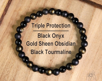 Triple Protection Bracelet - 6mm Black Tourmaline Onyx Gold Obsidian Stone Bracelet - Healing Crystal Bracelet Gift for her, gift for him