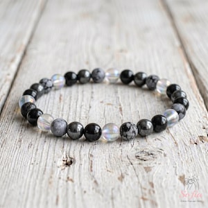 Healing Protection Bracelet - 6mm Hematite Black Tourmaline Bracelet - Snowflake Obsidian Aura Quartz Bracelets Gift for her