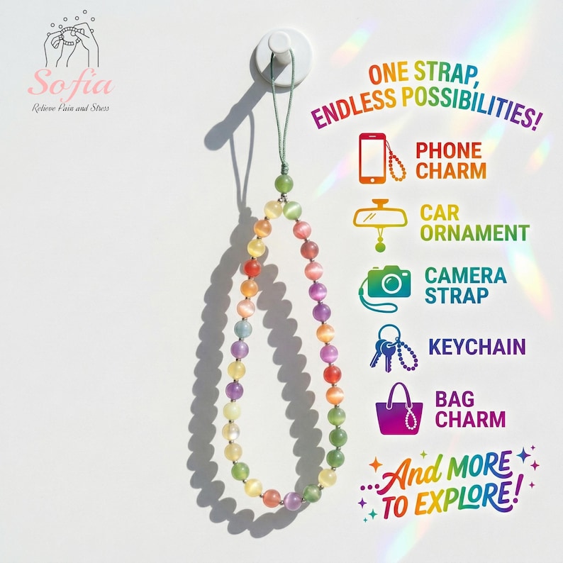 May include: A multi-colored beaded strap featuring smooth, round cat's eye beads in shades of pink, purple, yellow, orange, and green. The text reads: ONE STRAP, ENDLESS POSSIBILITIES! PHONE CHARM, CAR ORNAMENT, CAMERA STRAP, KEYCHAIN, BAG CHARM, And more to explore!