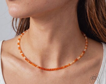Collier Ras Du Cou En Cornaline Naturelle - Perles Orange Cristal - Argent 925 - Longueur 45.7cm Ajustable