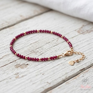 Ruby Bracelet, Dainty Waterproof Beaded Bracelets, Birthstone Jewelry, Minimalist Gold Jewel, Stackable
