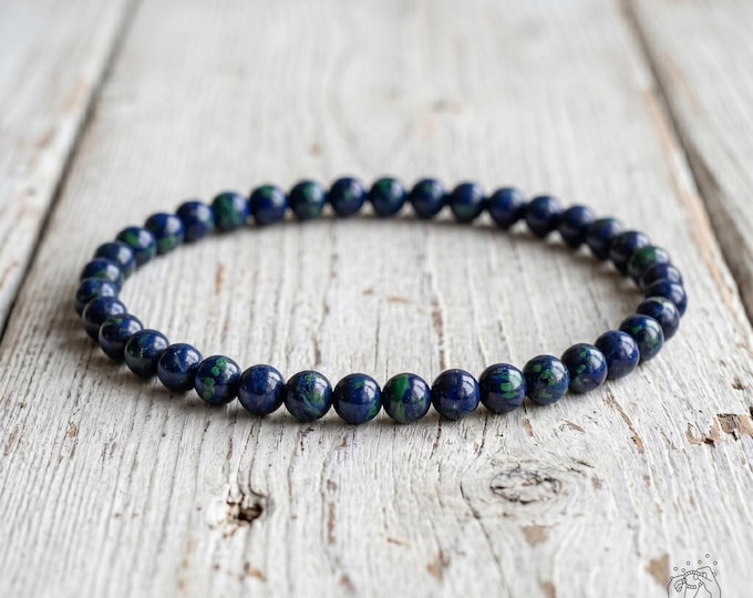 Azurite Malachite Bracelet - 4mm Blue Azurite Gemstone dainty Bracelet - Minimalist Boho Jewelry, Elastic