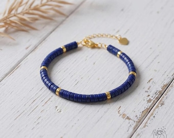 Lapis Lazuli Bracelet, Heishi Beads Waterproof Beaded Bracelets, Birthstone Jewelry, Minimalist Jewel, Gold Clasp, Stackable