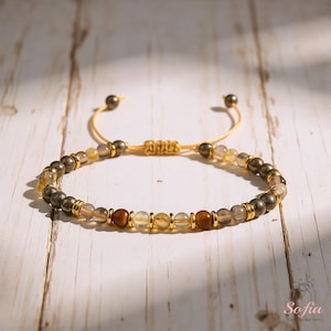 Pulsera de Energía Dorada - Pulsera de Abundancia y Protección - Pulsera de Citrino, Ojo de Tigre, Pirita y Cuarzo Ahumado - Pulsera de Cristal Minimalista imagen 5