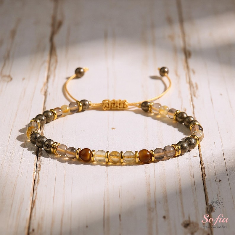 Pulsera de Energía Dorada - Pulsera de Abundancia y Protección - Pulsera de Citrino, Ojo de Tigre, Pirita y Cuarzo Ahumado - Pulsera de Cristal Minimalista imagen 5
