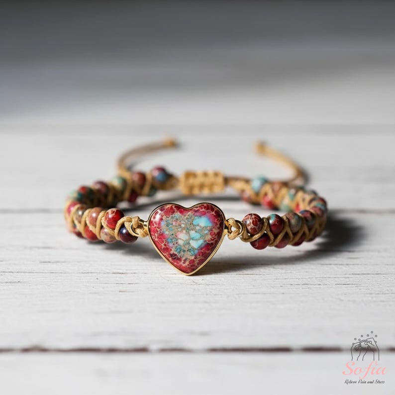 Red Jasper Stone Bracelet - Natural Boho Gemstone Bracelet - Heart Jasper Crystal Charm Healing Bracelet - Gift for her, gift for him Heart Bracelet