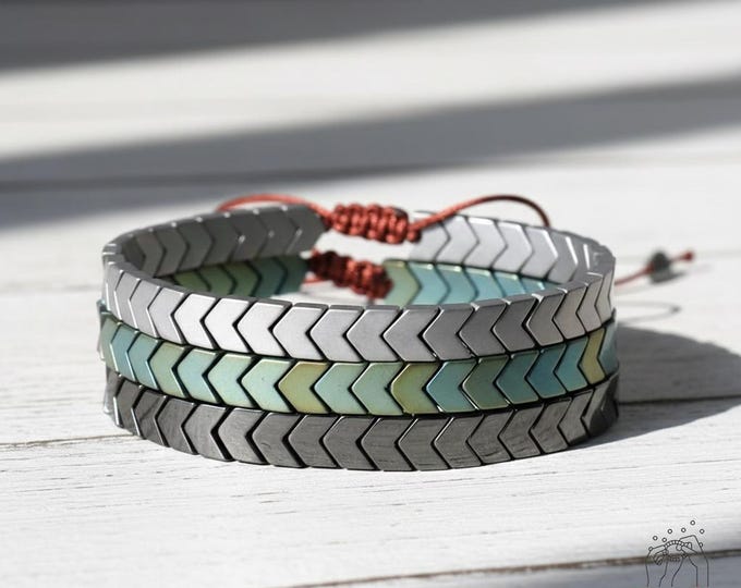 Natural Hematite Beaded Bracelet – Arrow Shaped Beads Dainty Gemstone Jewelry – Minimalist Boho Bracelet
