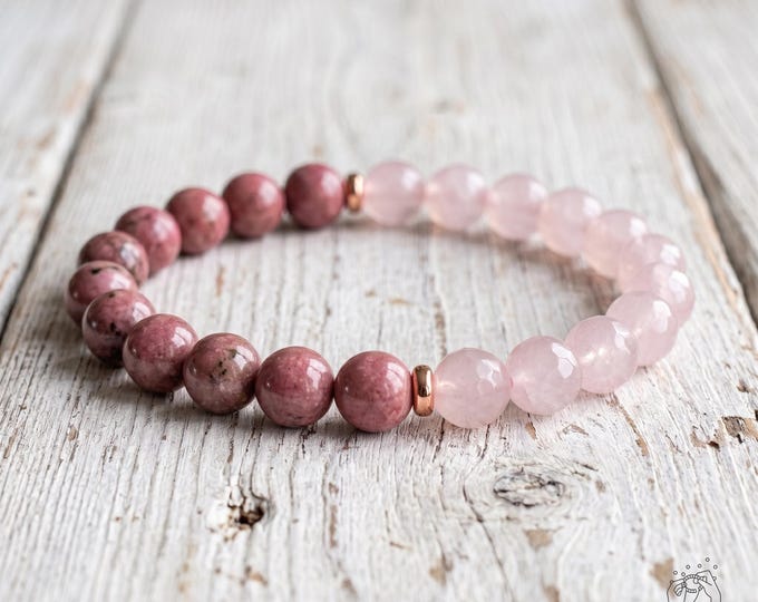 Rhodonite Rose Quartz Bracelet - 8mm Pink Crystal Beaded Bracelet - Boho Style Jewelry Stackable, Elastic
