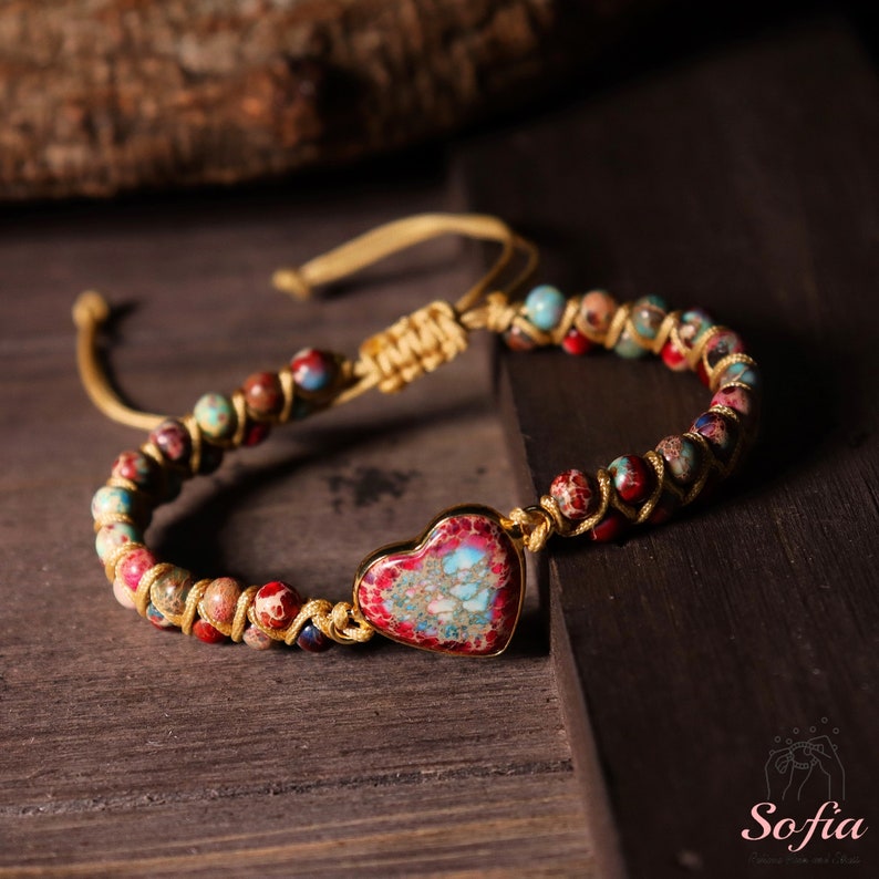 Red Jasper Stone Bracelet - Natural Boho Gemstone Bracelet - Heart Jasper Crystal Charm Healing Bracelet - Gift for her, gift for him image 11