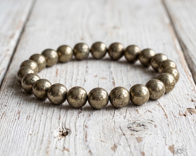 Pyrite Bracelet - 8mm Gemstone Beaded Bracelet - Fool's Gold Stone Bracelets - Boho Jewelry Stackable, Elastic