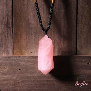 Natural Rose Quartz Stone Pendant Necklace - Pink Gemstone Double Point Crystal Pendant - Rose Quartz Wand Charm Necklace Handmade