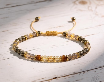 Goldenes Energie Armband - Fülle & Schutz Armband - Citrin, Tigerauge, Pyrit, Rauchquarz Armband - Minimalistisches Kristall Armband
