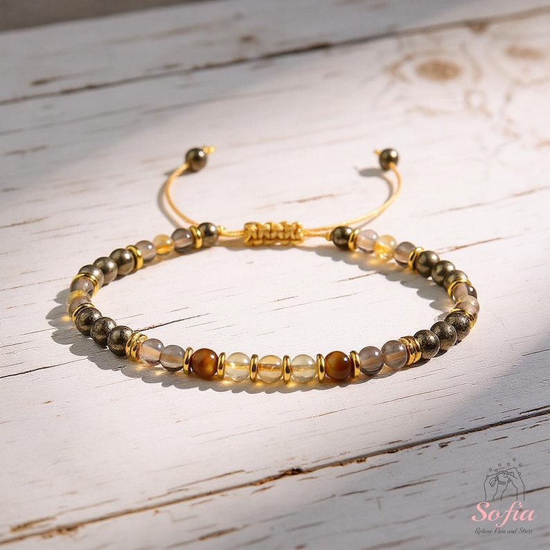Pulsera de Energía Dorada - Pulsera de Abundancia y Protección - Pulsera de Citrino, Ojo de Tigre, Pirita y Cuarzo Ahumado - Pulsera de Cristal Minimalista Golden Energy