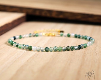 Natural Moss Agate Stone Bracelet - 3mm Green Agate Crystal Dainty Bracelet - Moss Agate Gemstone Healing Bracelet Gift to her, gift to him
