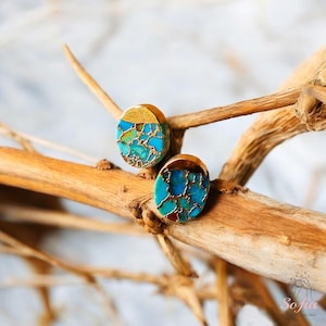 Turquoise Stone Stud Earrings - Natural Turquoise Gemstone Gold Earrings - Birthstone Post Earrings - Raw Turquoise Oval Stud Earrings