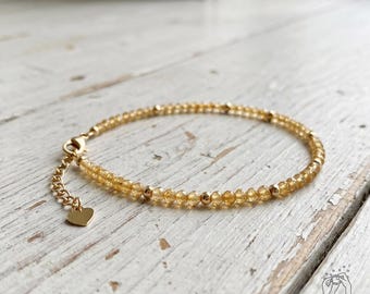 Citrine Bracelet, Dainty Waterproof Beaded Bracelets, Birthstone Jewelry, Minimalist Gold Jewel, Stackable