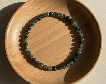 Bracciale in agata muschiata - Braccialetto delicato in cristallo da 4 mm - Braccialetti con perline in agata arborea - Gioielli elastici minimalisti Boho