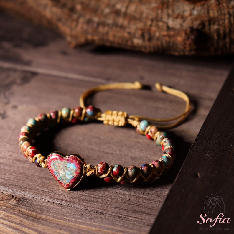 Red Jasper Stone Bracelet - Natural Boho Gemstone Bracelet - Heart Jasper Crystal Charm Healing Bracelet - Gift for her, gift for him image 12