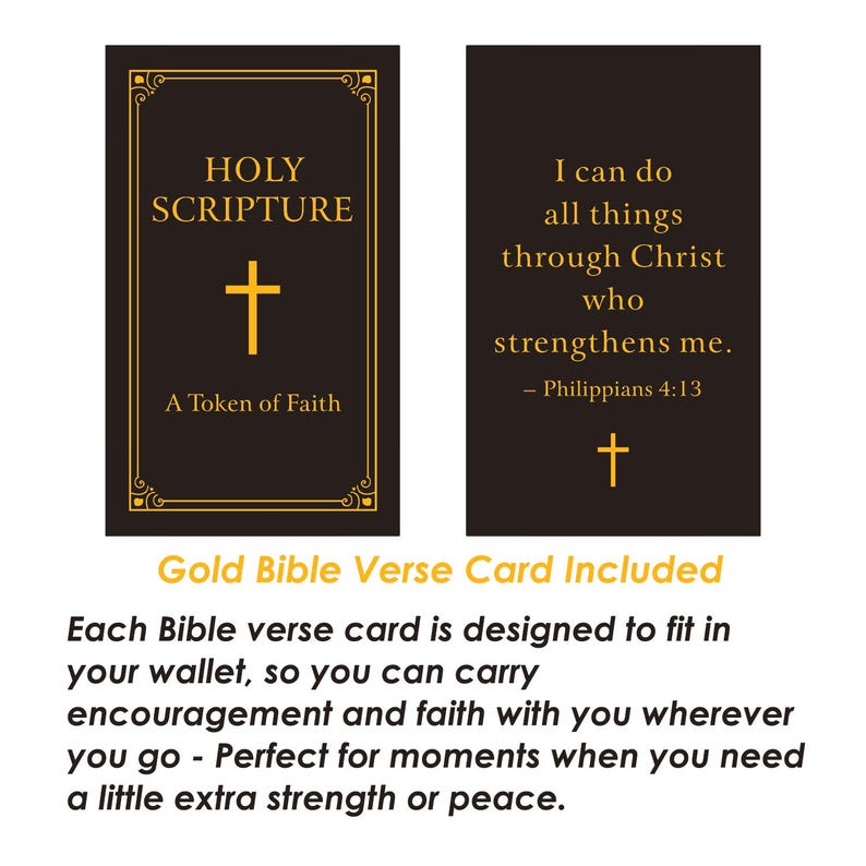 Puede incluir: Dos tarjetas negras de vers&iacute;culos b&iacute;blicos con texto dorado y una cruz dorada. Una tarjeta dice "Holy Scripture" y "A Token of Faith". La otra tarjeta dice "I can do all things through Christ who strengthens me." y "Philippians 4:13."
