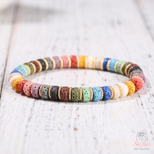 Pulsera de cuentas de piedra de lava - Pulseras de piedras preciosas Rainbow Rondelle - Joyería difusora de cristal, apilable, impermeable, elástica
