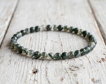Moss Agate Bracelet - 4mm Crystal Dainty Bracelet - Tree Agate Beaded Bracelets - Minimalist Boho Jewelry Elastic