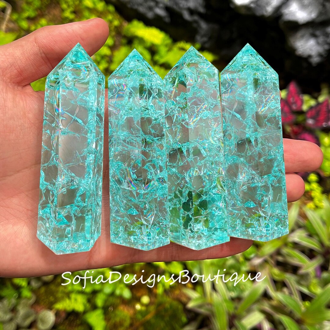 Blue Crackle Glass Gemstone Tower Blue Stone Crystal Single Point Wand