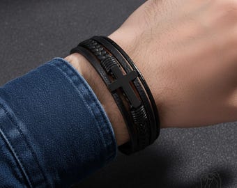 Titanium Steel Cross Bracelet - Mens Bracelet - Men's Leather Bracelet - Protection Bracelets Magnetic Clasp