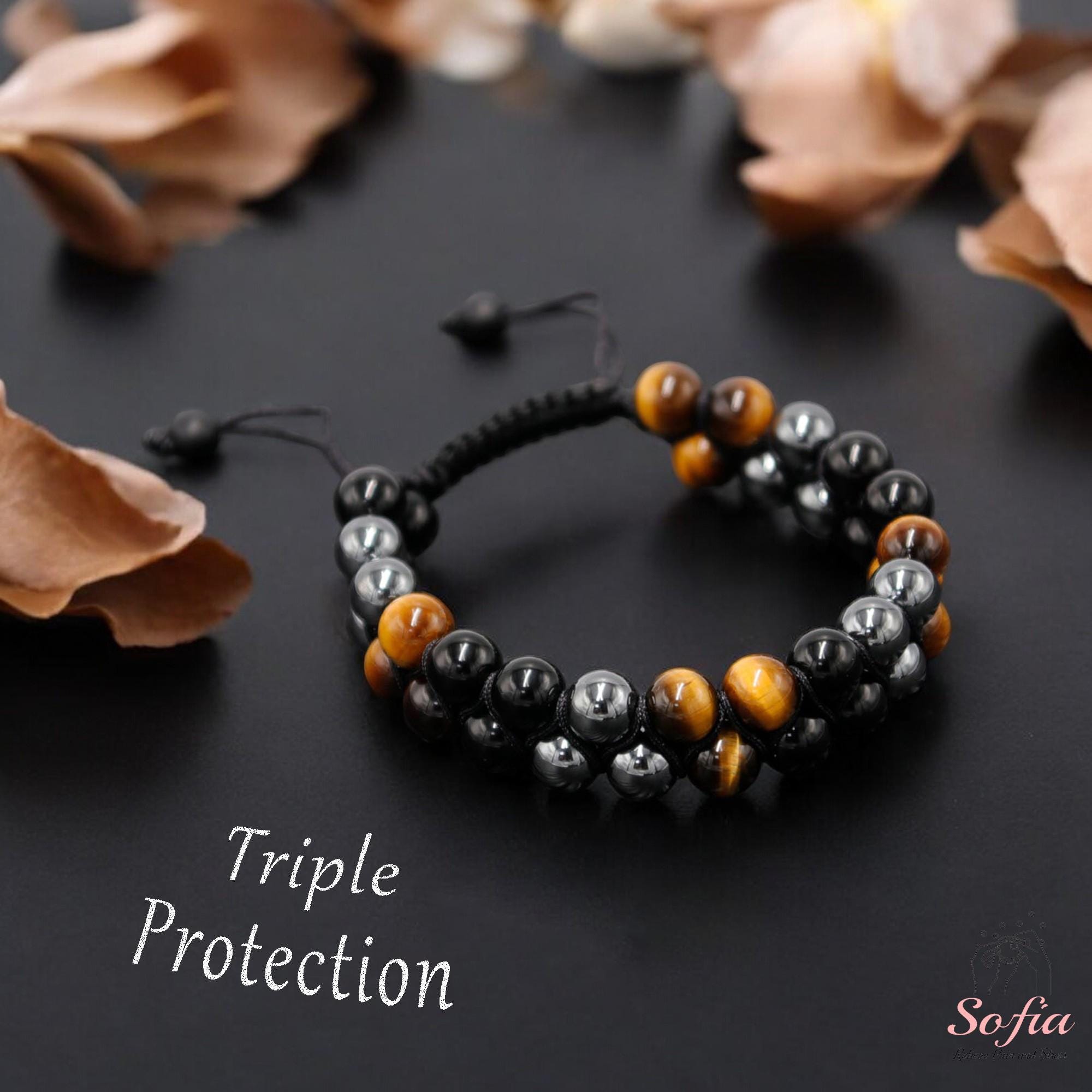 Triple Protection Bracelet - Natural Obsidian Tiger's Eye Stone Bracelet - Hematite Gemstone Braided Bracelet - Gift to him Gift for her