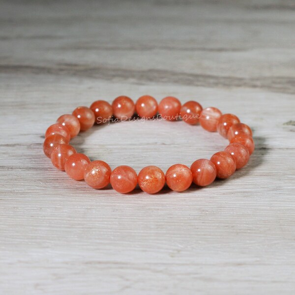 Peach Orange Sunstone Crystal Bracelet - Natural Sunstone Gemstone Stretch Bracelet - Spiritual Healing Bracelets Mother's Day Gift