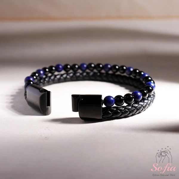 Bracelet de protection pour homme - Bracelet en obsidienne naturelle et lapis lazuli - Bracelet jonc en cuir tressé à fermoir magnétique - Cadeau pour lui