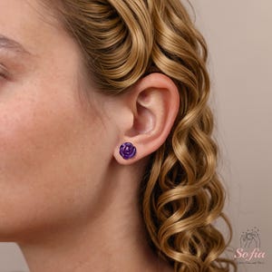 Amethyst Flower Stud Earrings - Natural Amethyst Stone Purple Crystal Earrings - Birthstone Post Earrings - Rose Flower Earrings Hand Carved