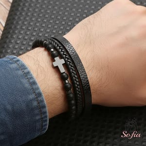 Cross Bracelet - Mens Bracelet - Men's Leather Bracelet - Black Onyx & Tigers Eye Bracelet - Protection Bracelets Magnetic Clasp
