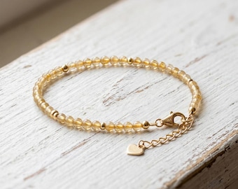 Natural Citrine Bracelet, Dainty Waterproof Beaded Bracelets, Birthstone Jewelry, Minimalist Gold Jewel, Stackable