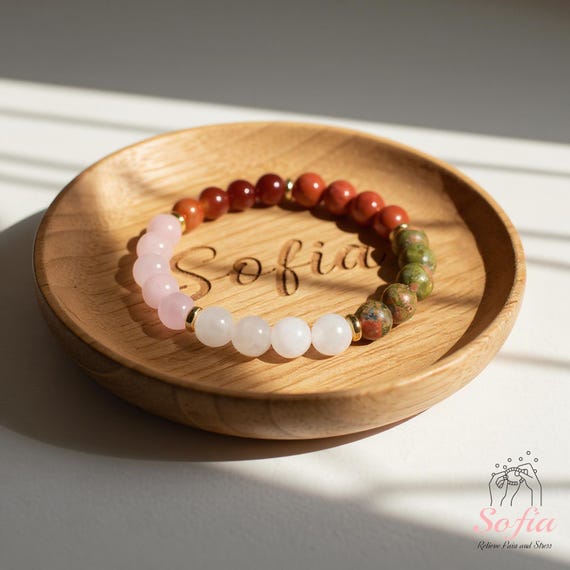 Love Healing Bracelet - 8mm Moonstone Rose Quartz Unakite Red