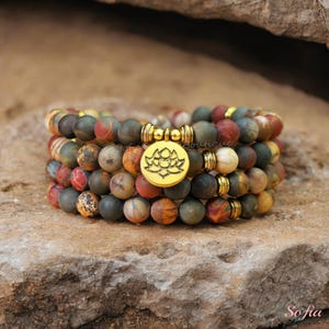 Picture Jasper Stone Necklace 108 Mala Beads Natural Gemstone Lotus Charm Necklace Mala Necklace Gift for her, gift for him, Christmas Gift
