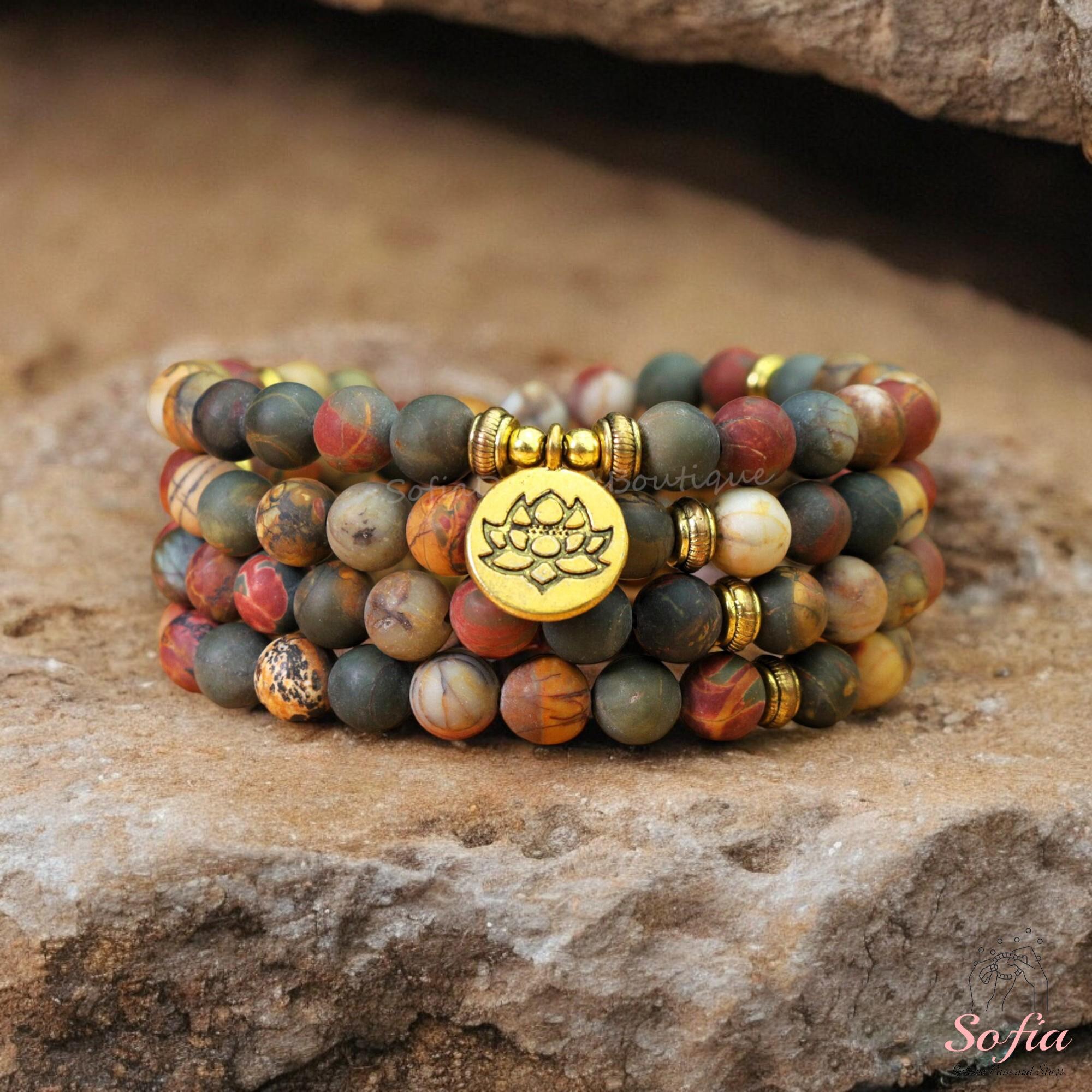 Picture Jasper Stone Necklace 108 Mala Beads Natural Gemstone Lotus Charm Necklace Mala Necklace Gift for her, gift for him, Christmas Gift